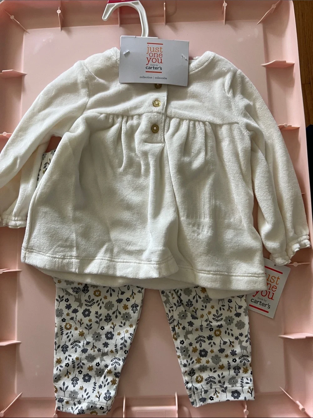 Carter's Cream Plush Tunic with Gold Accent Buttons pant and headband set